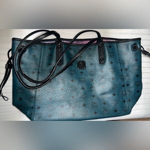 MCM reversible Tote. Teal exterior w/ Galactic Pink and Purple Fabric reverse